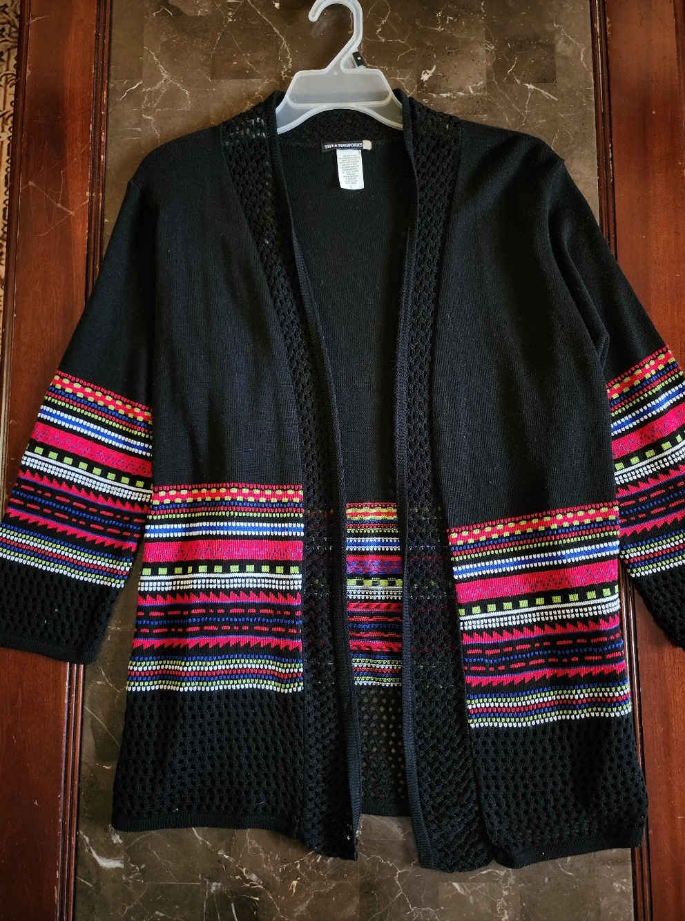 Sweaterworks Large Black Cardigan with Multicolor Aztec Stripe Accents